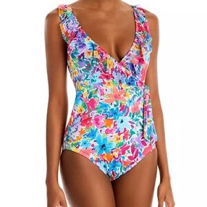 Tommy Bahama Pink and Blue One Piece Swimsuit V-neck Tropical